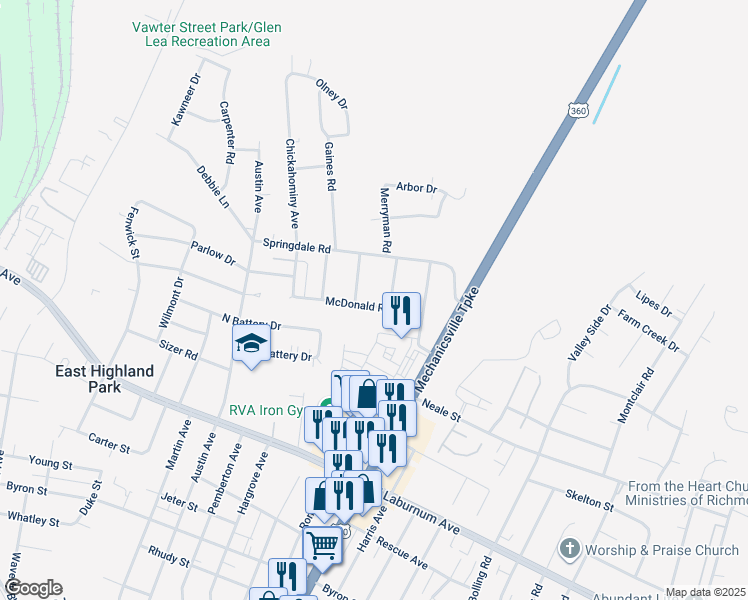 map of restaurants, bars, coffee shops, grocery stores, and more near 2104 McDonald Road in Richmond