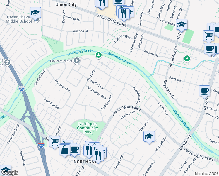 map of restaurants, bars, coffee shops, grocery stores, and more near 3091 Seymour Place in Fremont