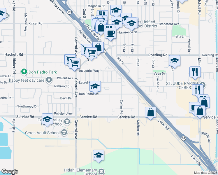 map of restaurants, bars, coffee shops, grocery stores, and more near 2378 Laurel Court in Ceres