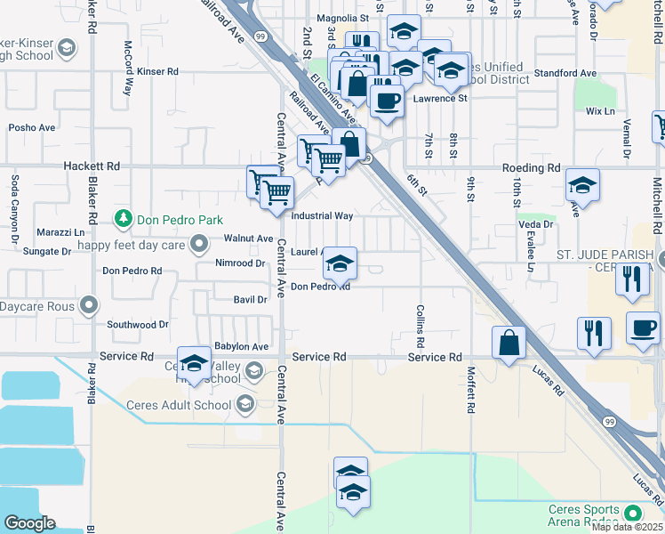 map of restaurants, bars, coffee shops, grocery stores, and more near 2306 Laurel Avenue in Ceres