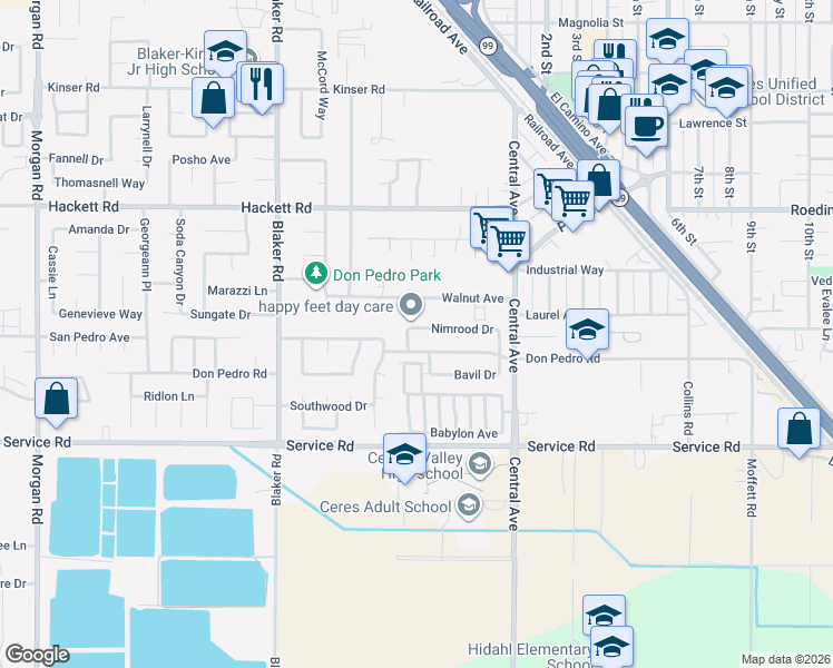 map of restaurants, bars, coffee shops, grocery stores, and more near 1929 Nimrood Drive in Ceres