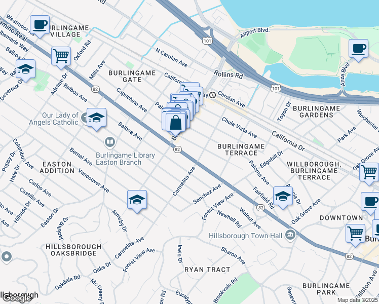 map of restaurants, bars, coffee shops, grocery stores, and more near 1109 Capuchino Avenue in Burlingame