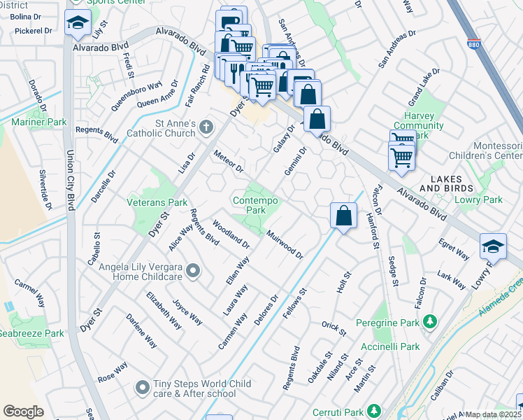 map of restaurants, bars, coffee shops, grocery stores, and more near 32300 Meteor Drive in Union City