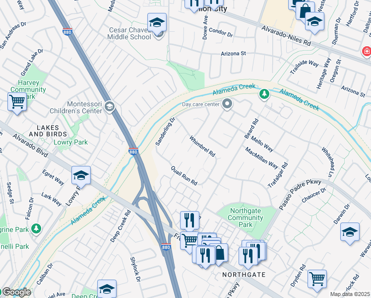 map of restaurants, bars, coffee shops, grocery stores, and more near 3326 Kestrel Place in Fremont