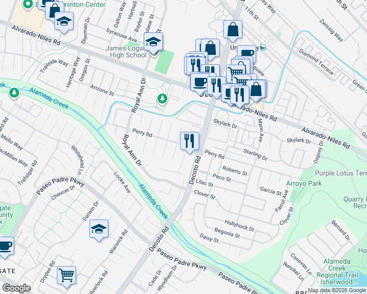 map of restaurants, bars, coffee shops, grocery stores, and more near 2551 Cherrywood Drive in Union City
