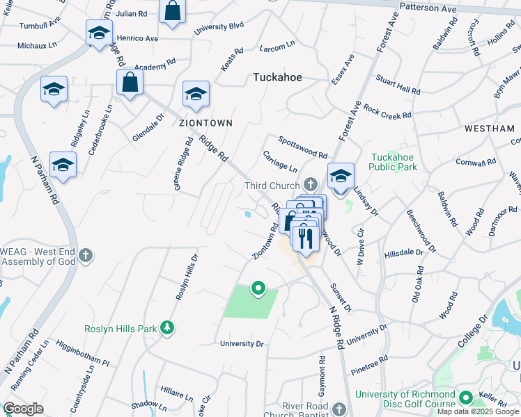 map of restaurants, bars, coffee shops, grocery stores, and more near 8141 Greystone East Circle in Henrico