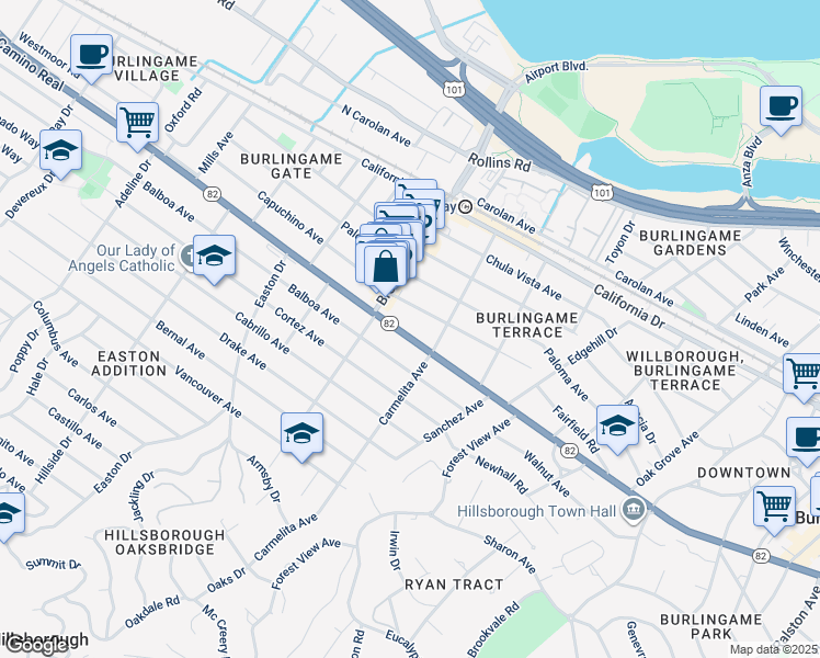 map of restaurants, bars, coffee shops, grocery stores, and more near 1124 El Camino Real in Burlingame