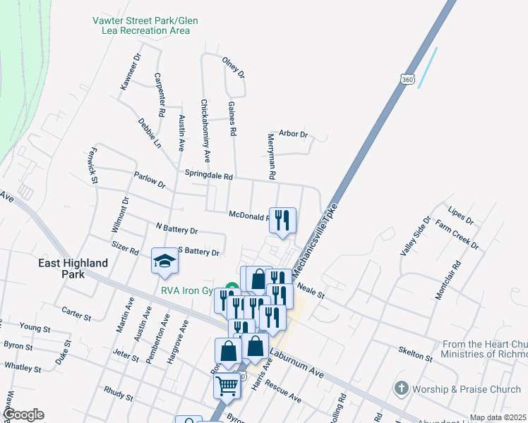 map of restaurants, bars, coffee shops, grocery stores, and more near 2104 McDonald Road in Richmond