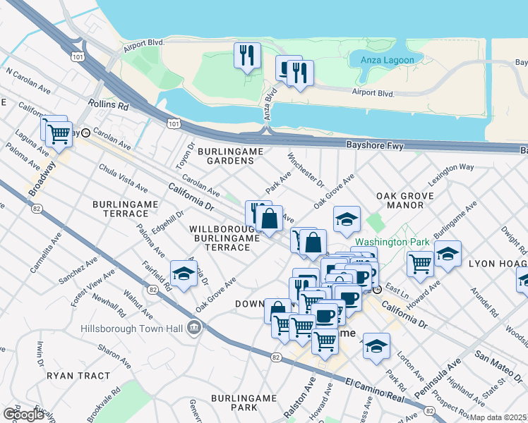 map of restaurants, bars, coffee shops, grocery stores, and more near 737 Linden Avenue in Burlingame