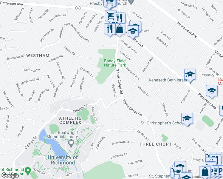 map of restaurants, bars, coffee shops, grocery stores, and more near 6508 Edgehill Road in Richmond