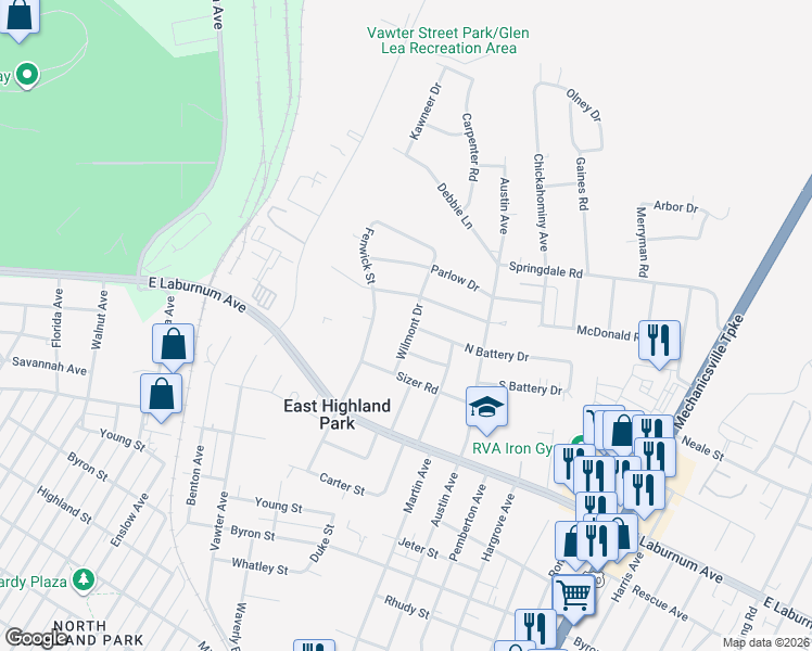 map of restaurants, bars, coffee shops, grocery stores, and more near 4012 Wilmont Drive in Richmond