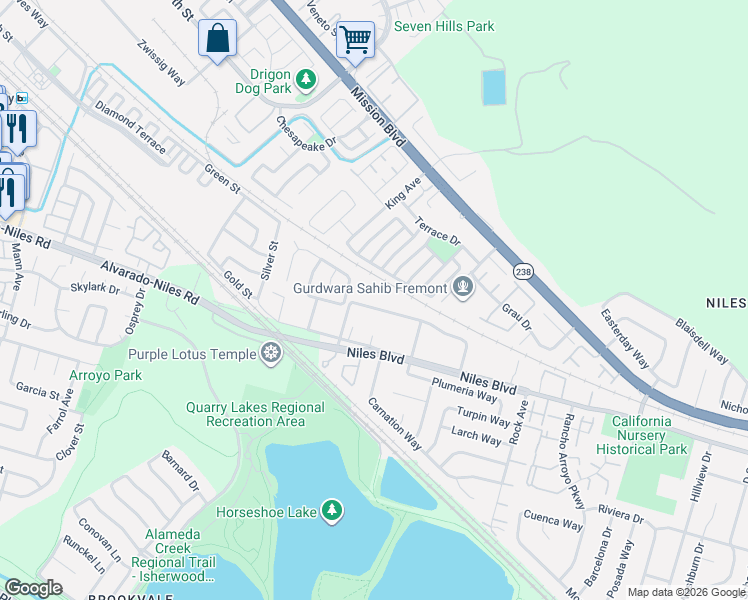 map of restaurants, bars, coffee shops, grocery stores, and more near 35572 Linda Drive in Fremont