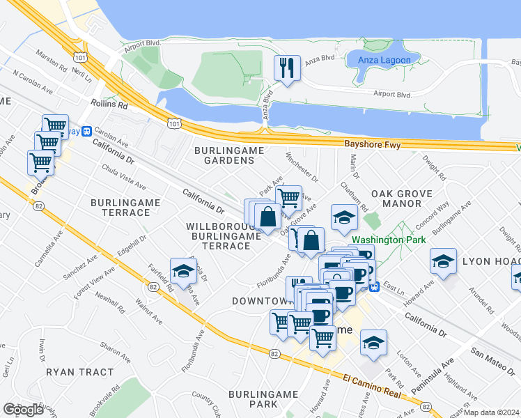 map of restaurants, bars, coffee shops, grocery stores, and more near 737 Linden Avenue in Burlingame