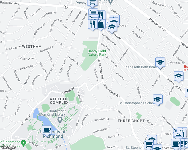 map of restaurants, bars, coffee shops, grocery stores, and more near 6508 Edgehill Road in Richmond