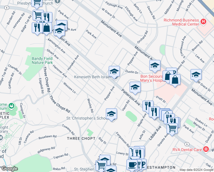 map of restaurants, bars, coffee shops, grocery stores, and more near 6310 Kensington Avenue in Richmond