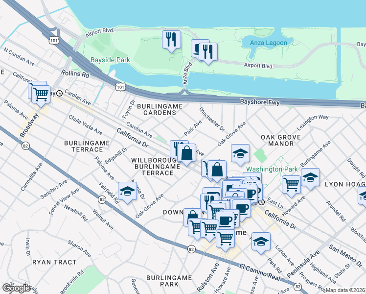 map of restaurants, bars, coffee shops, grocery stores, and more near 737 Linden Avenue in Burlingame