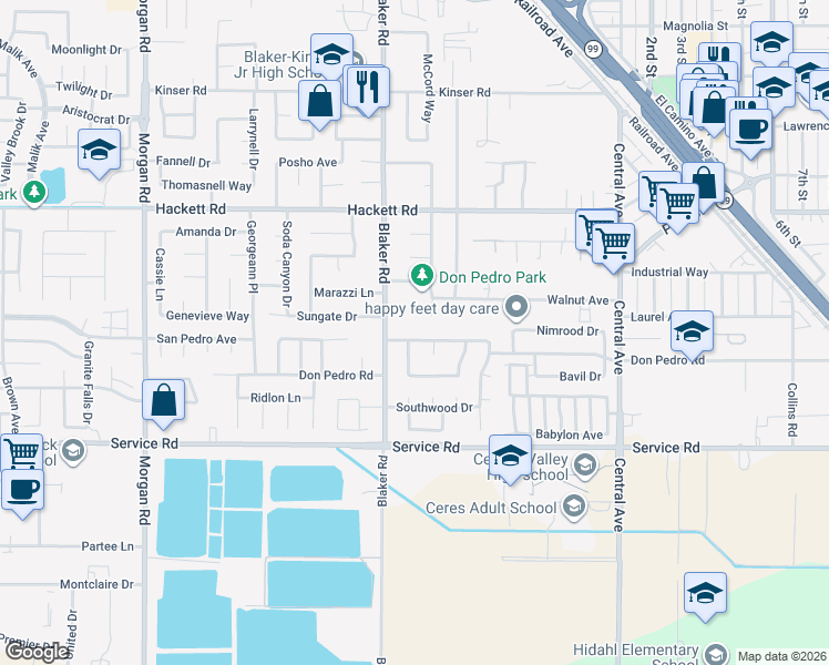 map of restaurants, bars, coffee shops, grocery stores, and more near in Ceres