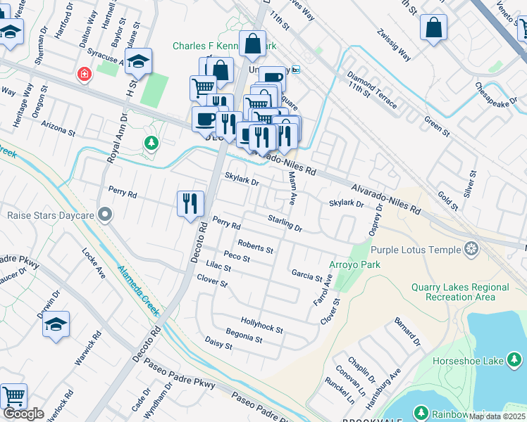 map of restaurants, bars, coffee shops, grocery stores, and more near 2263 Peacock Place in Union City