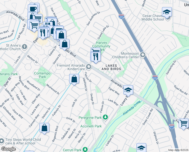 map of restaurants, bars, coffee shops, grocery stores, and more near 32865 Bluebird Loop in Fremont
