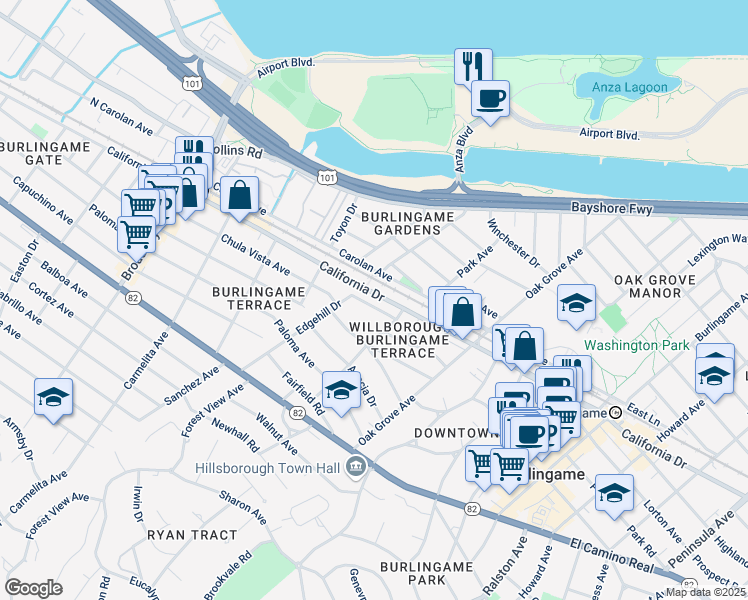 map of restaurants, bars, coffee shops, grocery stores, and more near 827 California Drive in Burlingame