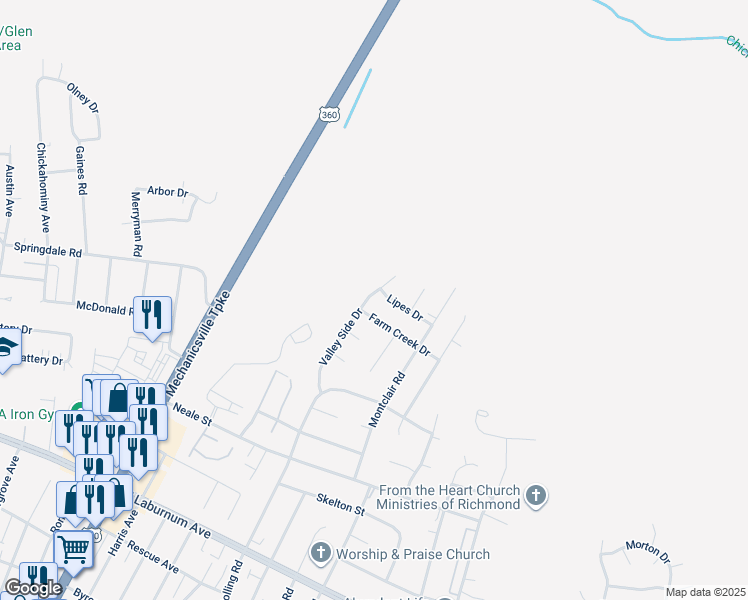 map of restaurants, bars, coffee shops, grocery stores, and more near 4204 Valley Side Drive in Richmond