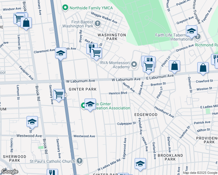 map of restaurants, bars, coffee shops, grocery stores, and more near 604 Henrico Boulevard in Richmond