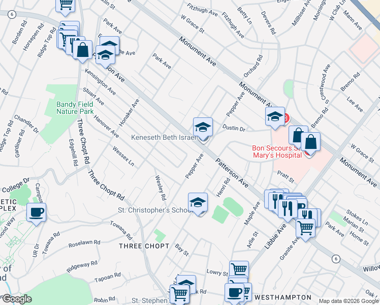 map of restaurants, bars, coffee shops, grocery stores, and more near 6316 Kensington Avenue in Richmond