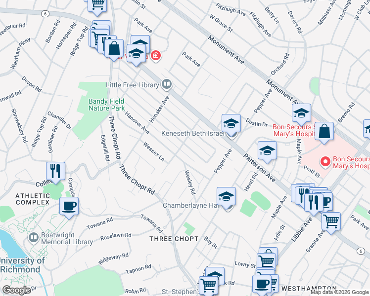 map of restaurants, bars, coffee shops, grocery stores, and more near 6417 Stuart Avenue in Richmond