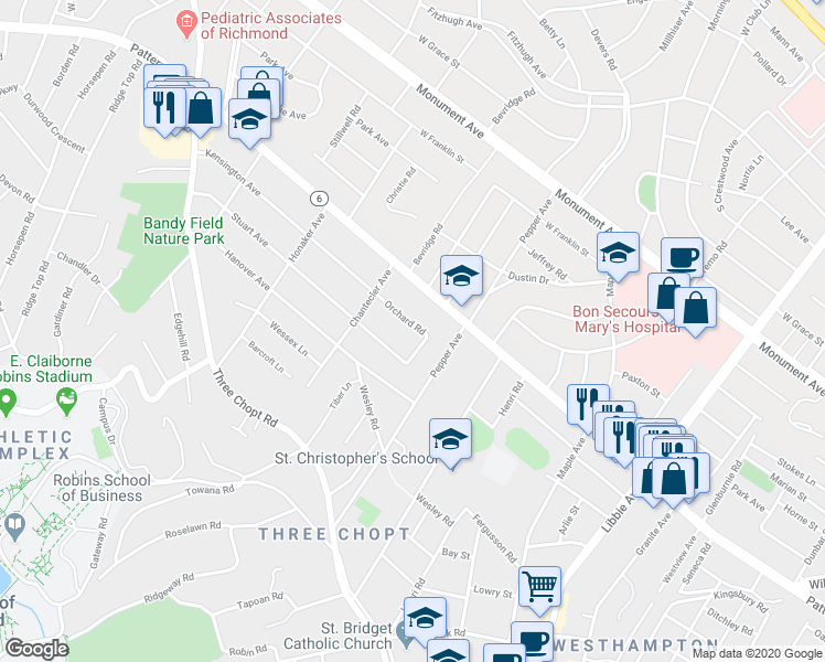 map of restaurants, bars, coffee shops, grocery stores, and more near 6317 Kensington Avenue in Richmond
