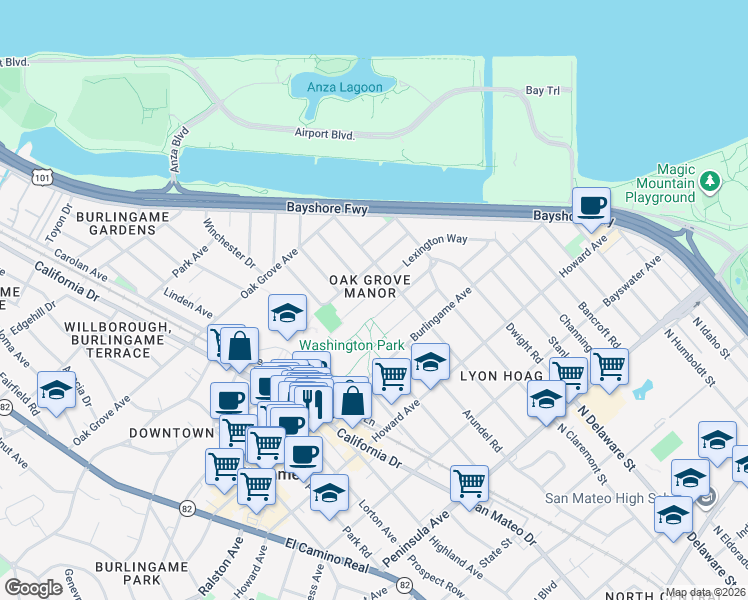 map of restaurants, bars, coffee shops, grocery stores, and more near 721 Lexington Way in Burlingame