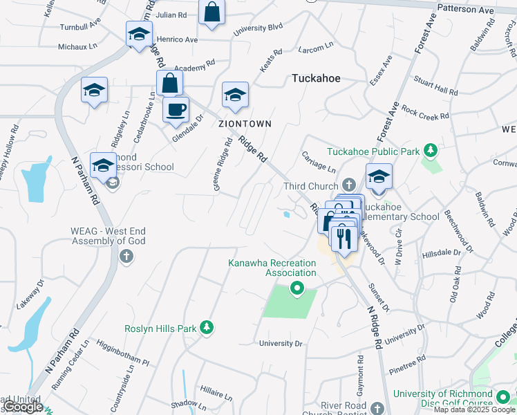 map of restaurants, bars, coffee shops, grocery stores, and more near 521 Saint Albans Way in Richmond