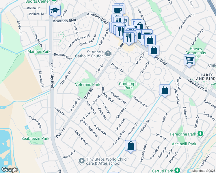 map of restaurants, bars, coffee shops, grocery stores, and more near 4415 Drywood Court in Union City