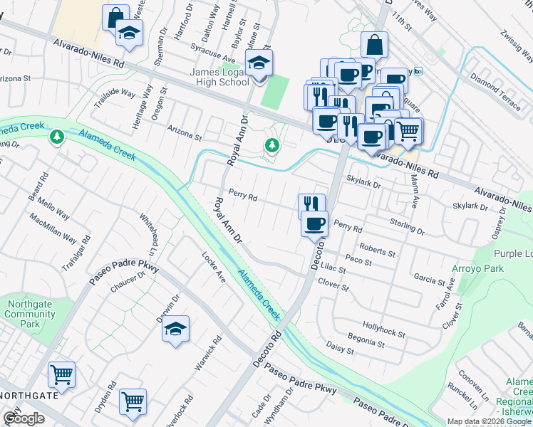 map of restaurants, bars, coffee shops, grocery stores, and more near 2574 Bing Court in Union City