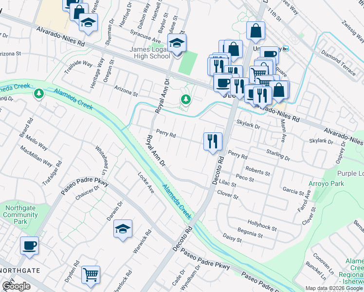 map of restaurants, bars, coffee shops, grocery stores, and more near 2574 Bing Court in Union City