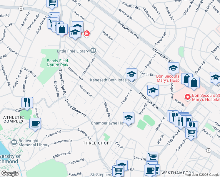 map of restaurants, bars, coffee shops, grocery stores, and more near 6408 Stuart Avenue in Richmond