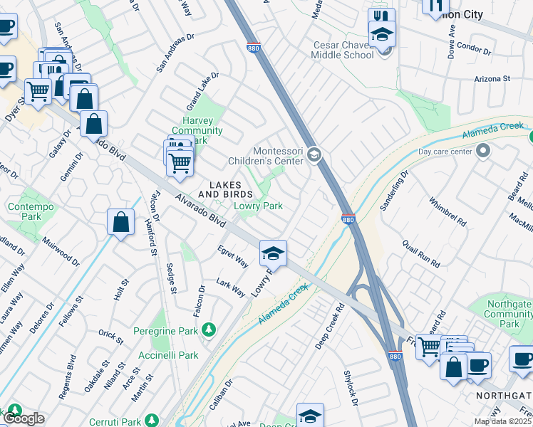 map of restaurants, bars, coffee shops, grocery stores, and more near 33169 Lake Oneida Street in Fremont