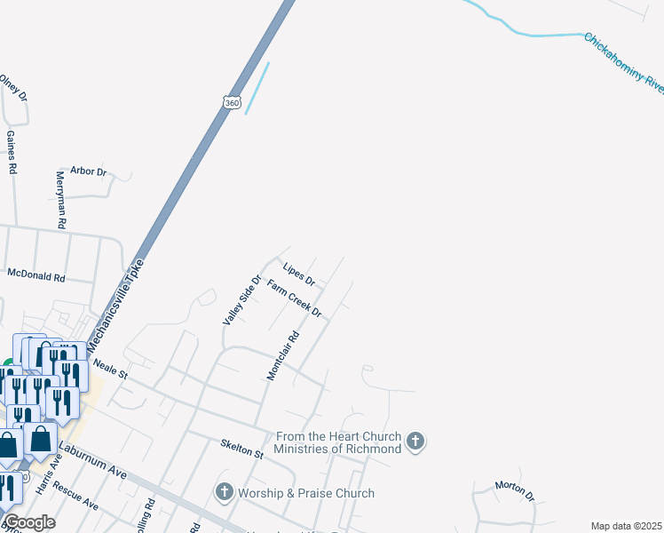 map of restaurants, bars, coffee shops, grocery stores, and more near 4232 Montclair Road in Richmond