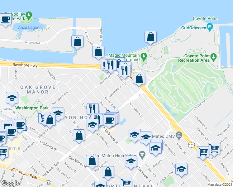 map of restaurants, bars, coffee shops, grocery stores, and more near 9 Bayswater Avenue in Burlingame