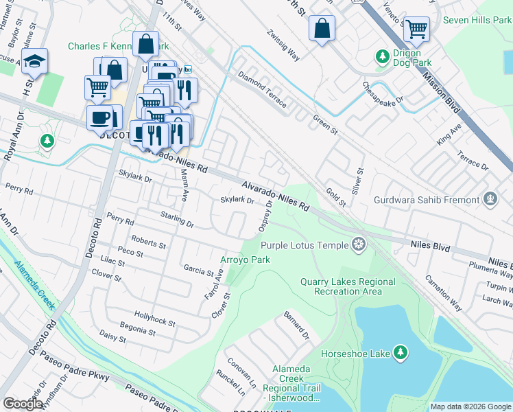 map of restaurants, bars, coffee shops, grocery stores, and more near 34981 Skylark Drive in Union City
