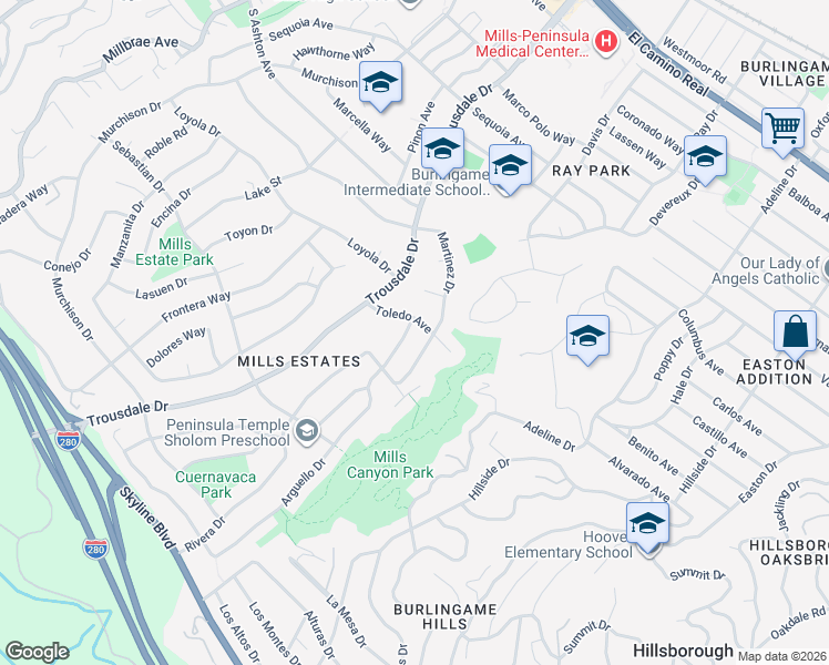 map of restaurants, bars, coffee shops, grocery stores, and more near 2705 Arguello Drive in Burlingame