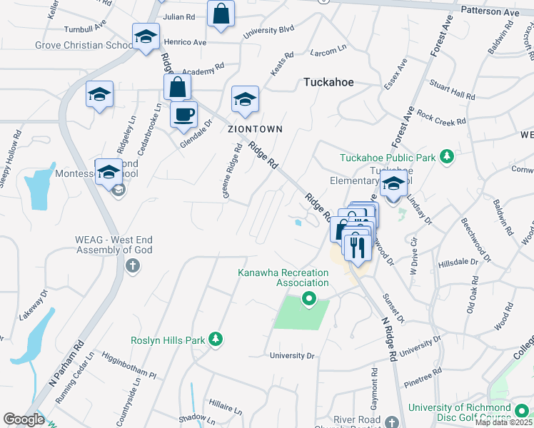 map of restaurants, bars, coffee shops, grocery stores, and more near 543 Saint Albans Way in Richmond