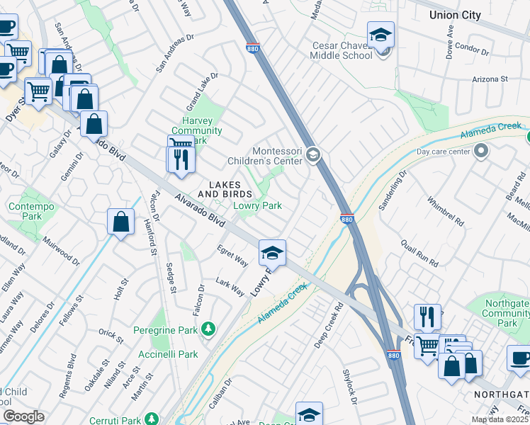map of restaurants, bars, coffee shops, grocery stores, and more near 33169 Lake Oneida Street in Fremont