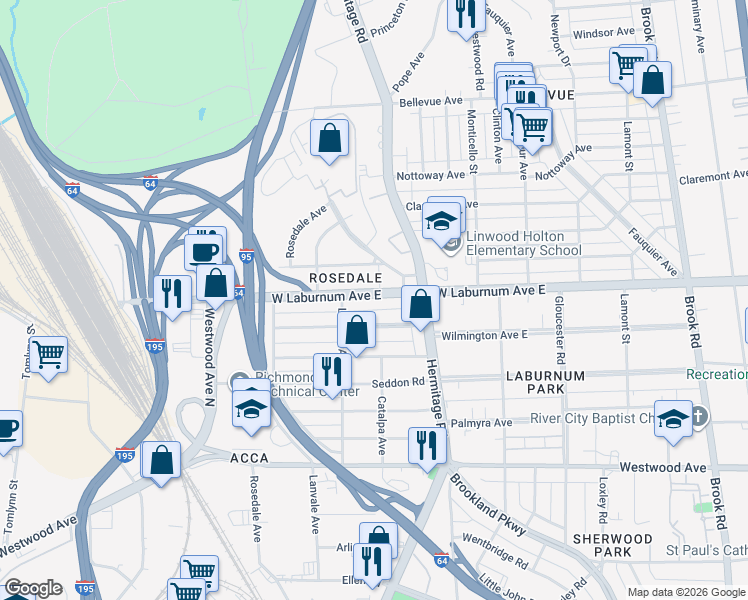 map of restaurants, bars, coffee shops, grocery stores, and more near 1717 Virginia 197 in Richmond
