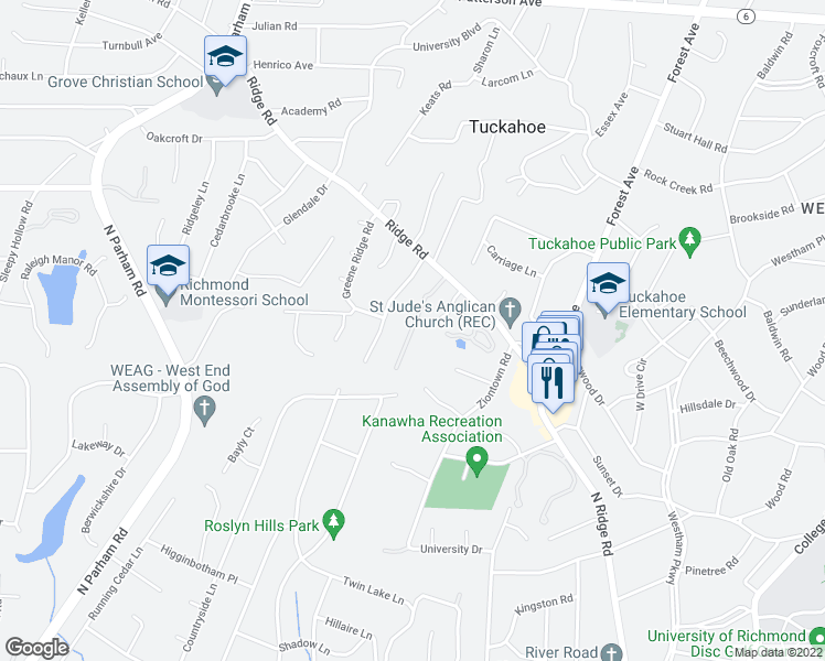 map of restaurants, bars, coffee shops, grocery stores, and more near 521 Saint Albans Way in Richmond