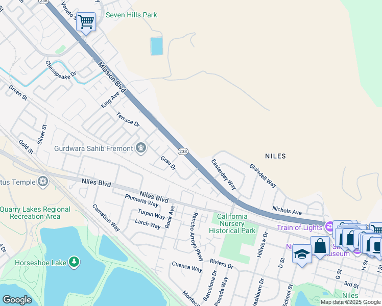 map of restaurants, bars, coffee shops, grocery stores, and more near 35950 Mission Boulevard in Fremont