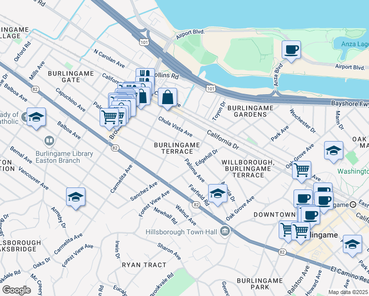 map of restaurants, bars, coffee shops, grocery stores, and more near 943 Laguna Avenue in Burlingame