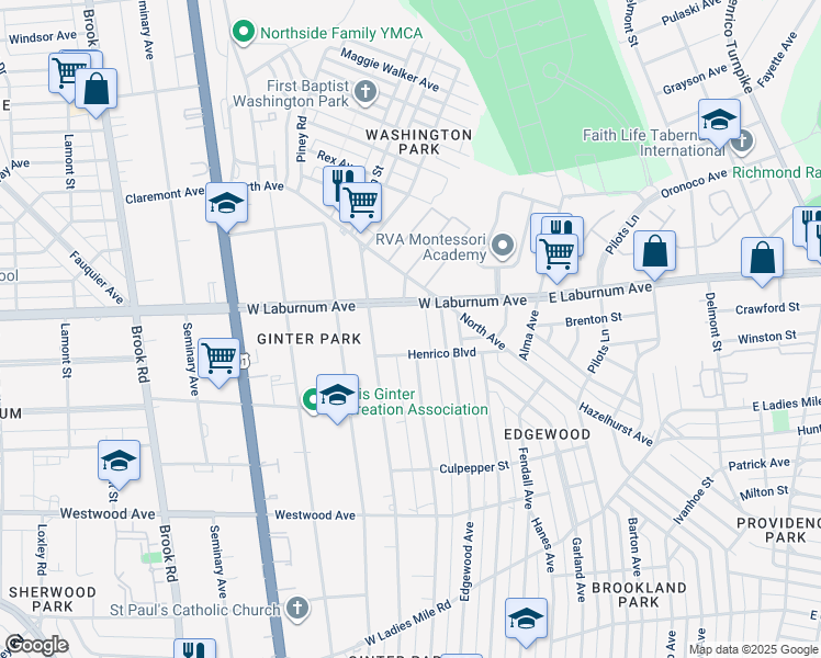 map of restaurants, bars, coffee shops, grocery stores, and more near 604 Henrico Boulevard in Richmond