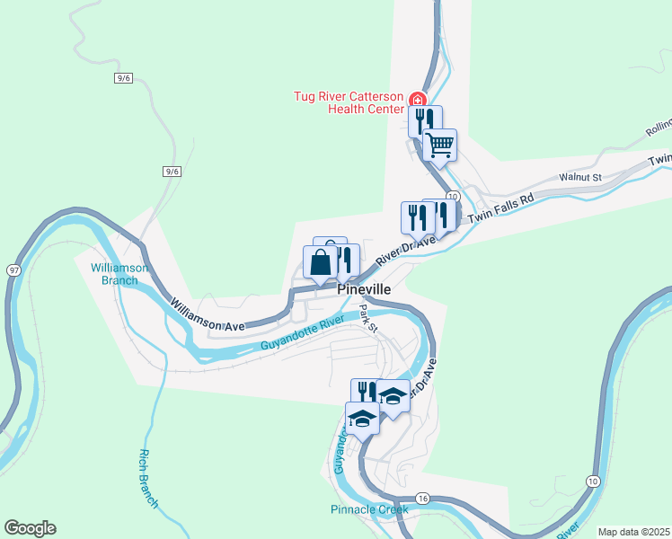 map of restaurants, bars, coffee shops, grocery stores, and more near Bank Street in Pineville