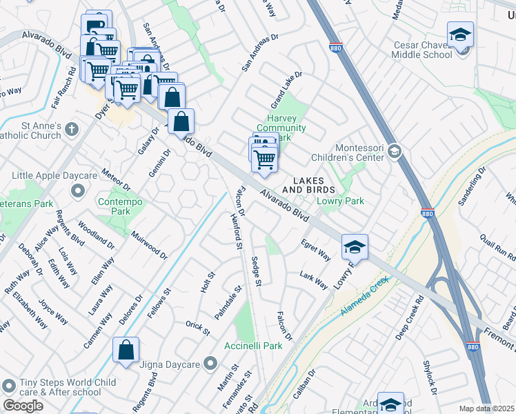 map of restaurants, bars, coffee shops, grocery stores, and more near 32865 Bluebird Loop in Fremont