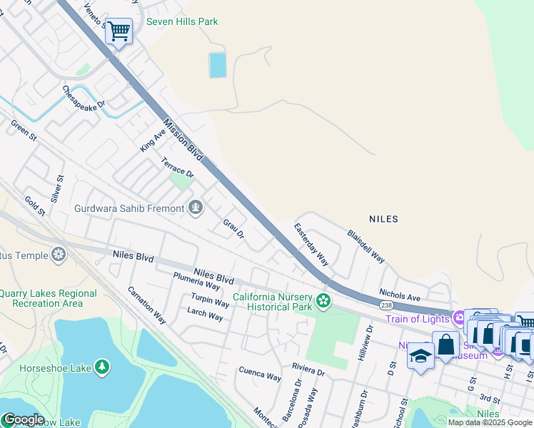map of restaurants, bars, coffee shops, grocery stores, and more near 36032 Mission Boulevard in Fremont
